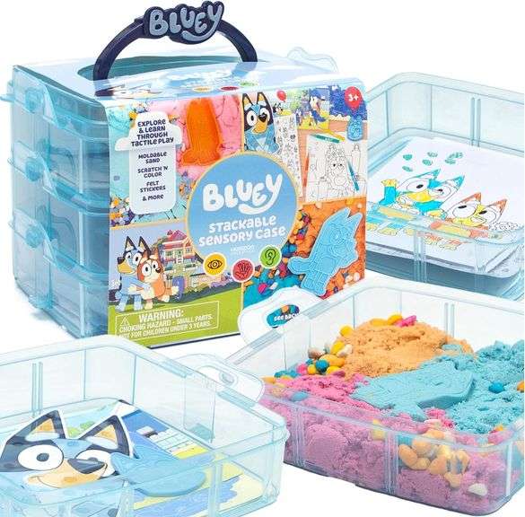 Bluey Stackable Sensory Case - Reusable Bin With Stickers, Play Sand Bags, Coloring Activities, Toys