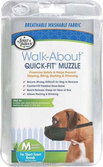Four Paws Walk-About Quick-Fit Short Snout Adjustable Dog Muzzle for Medium Dogs, Washable & Breatha