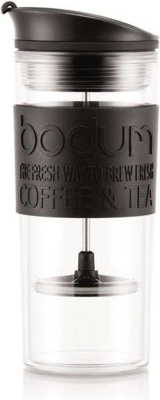 Bodum 15oz Double Wall Travel Press French Press Mug, Vacuum Seal, BPA-Free Plastic, Black w/Silicon