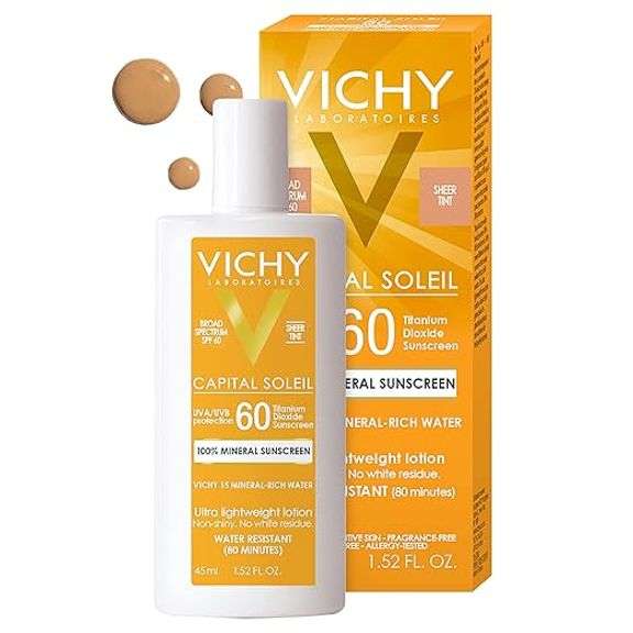 Vichy Capital Soleil Tinted Mineral Sunscreen for Face SPF 60, Titanium Dioxide Face Sunscreen, Trav