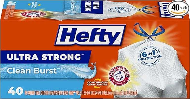 Hefty Ultra Strong Tall Kitchen Trash Bags, Clean Burst Scent, 13 Gallon, 40 Count
