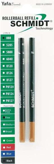 Schmidt 888 Technology Ceramic Rollerball Plastic Tube Refill Fine Point 0.6mm, Black, 2 Pack Bliste