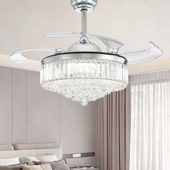 Ludomide 48" Modern Dimmable Crystal Fandelier, Retractable Blades Ceiling Fan