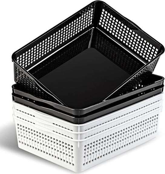 A4 Size Plastic Storage Basket,Desktop File Paper Letter Organizer Tray, 16-Packs (White+Black+Gray)