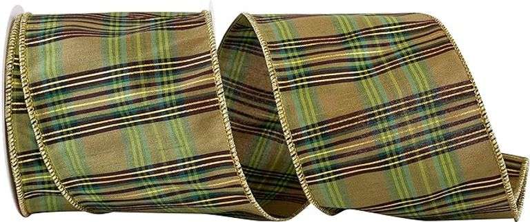 Ribbon - Grandisimo Plaid Dupioni Wired Edge Ribbon, Moss, 4 Inch, 10 Yards