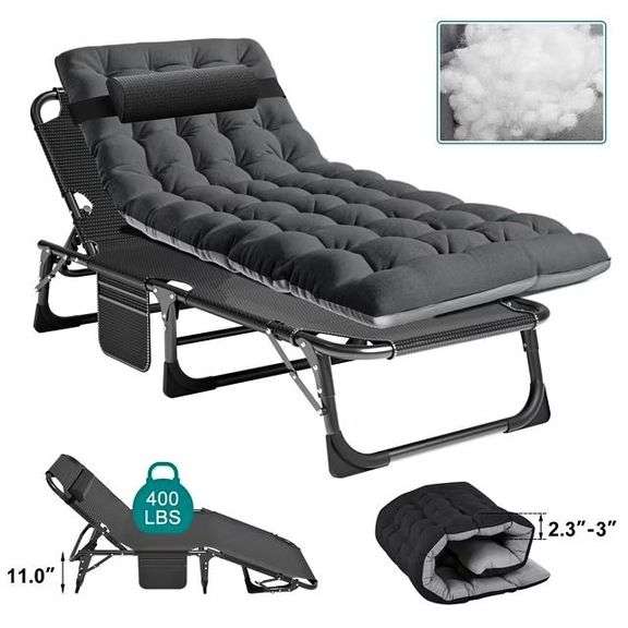 Portable Folding Camping Cot Bed with 2 Sided Mattress & Pillow, Folding Lounge Chair, Folding Cot
