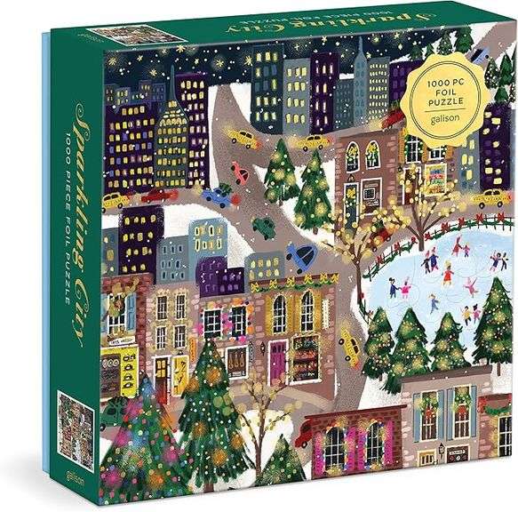 Galison Sparkling City – 1000 Piece Foil Puzzle with Illustrations of Colorful Merriments in The Cit