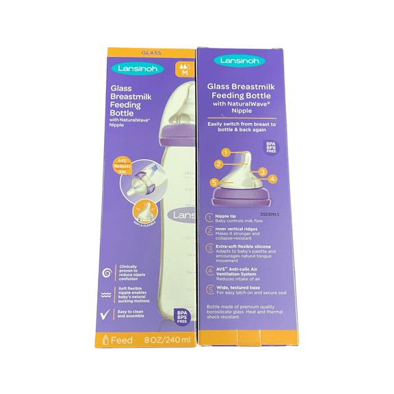 Set of 2 NEW Lansinoh Glass Baby Bottle 240ml 8OZ Medium flow