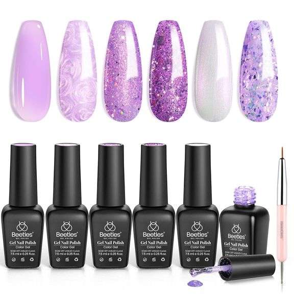 Beetles Purple Gel Nail Polish Set, 6 Color Spring Purple Shimmer Pearl Jelly Gel Polish