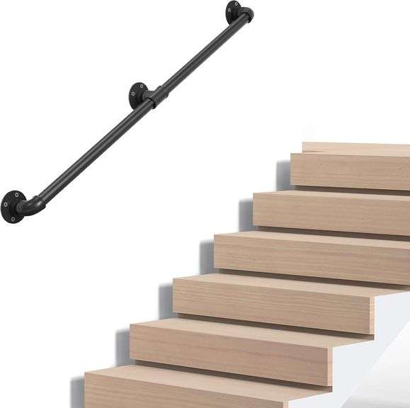 Industrial Pipe Stair Handrail, Wall-Mounted Metal Hand Rail for Indoor & Outdoor Steps, Black
