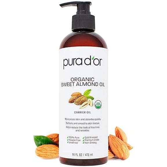 PURA D'OR 16 Oz ORGANIC Sweet Almond Oil - 100% Pure & Natural USDA Certified Cold Pressed Carrier O
