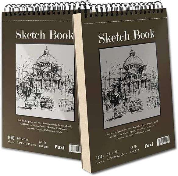 Set of 2 9" x 12" Sketch Book, Top Spiral Bound Sketch Pad, 100 Sheets Each