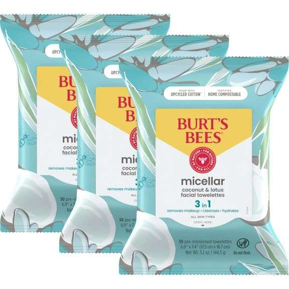 Burt's Bees Micellar Facial Wipes 30 Count Pack of 3 Coconut Lotus Cleansing