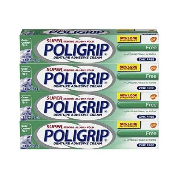Poligrip Denture Adhesive Cream 4 Pack Original Formula Zinc Free Super Strong