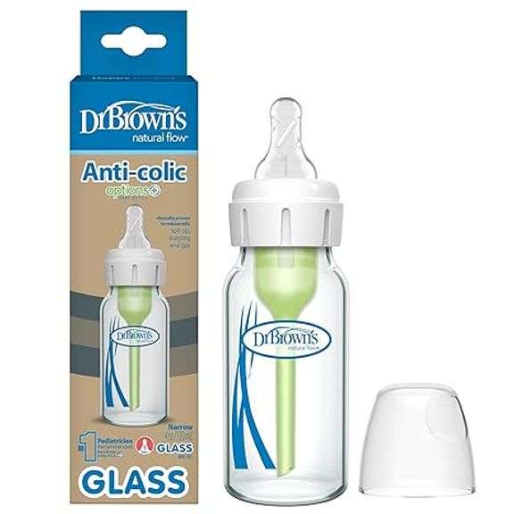 Dr. Brown's Anti-Colic Options+ Narrow Glass Baby Bottle with Level 1 Slow Flow Nipple, BPA-Free, 4 