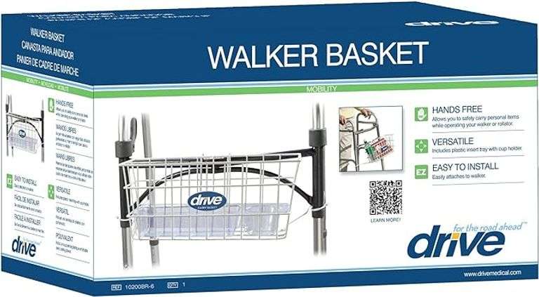 Drive Medical 10200B Walker Basket, Basket for Folding Walker with Cup Holder, White