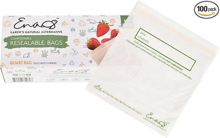 100% Compostable Food Storage Bags [Quart 100 Pack] Eco-Friendly Freezer Bags