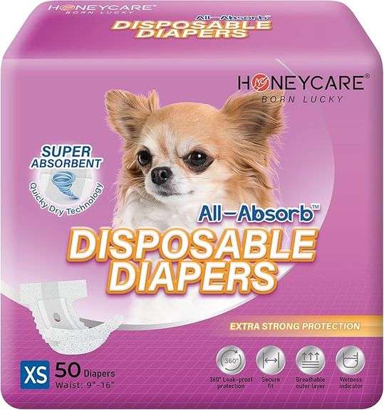 HONEY CARE All-Absorb Disposable Female Dog Diapers Extra Small Size, Improved, 50 Count