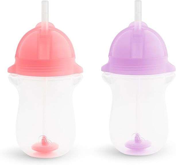 Munchkin Any Angle Weighted Toddler Straw Cups with Click Lock Lid, 10 Ounce, 2 Pack, Pink/Purple