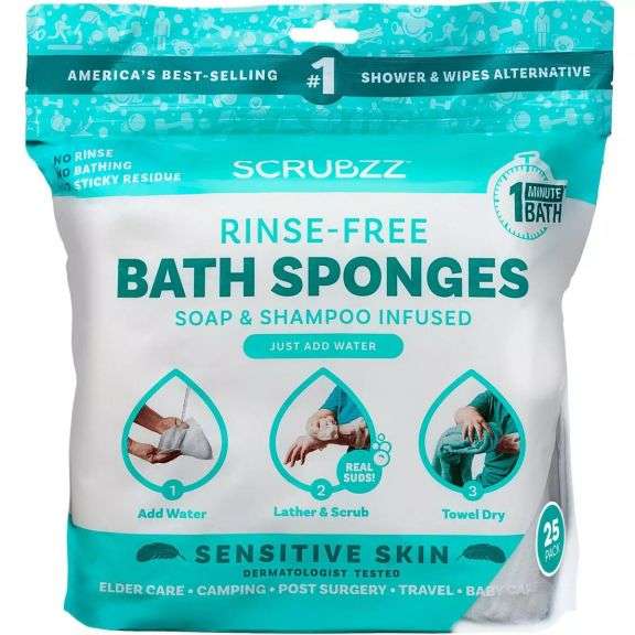 Scrubzz No Rinse Bath Wipes for Adults Bathing, Adult Rinse Free Bath Sponges - Disposable