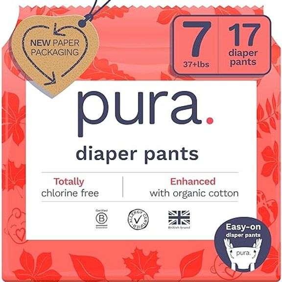 Pura Hypoallergenic Diaper Pants Size 7 (37+ lbs) Overnight, up to 12 Hours Leak Protection, Suitabl