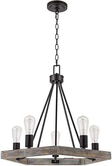 24"W 5-Light Country Rustic Pentagon Tray Chandelier, Faux Wood Finish with Matte Black Accents