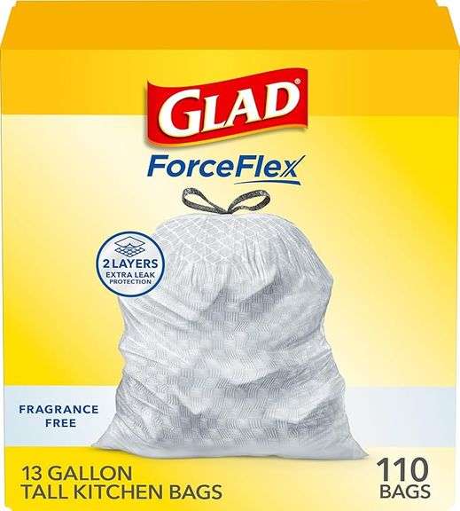 Glad ForceFlex Tall Kitchen Drawstring Trash Bags, 13 Gal, Fragrance Free, 110 Ct (Package May Vary)