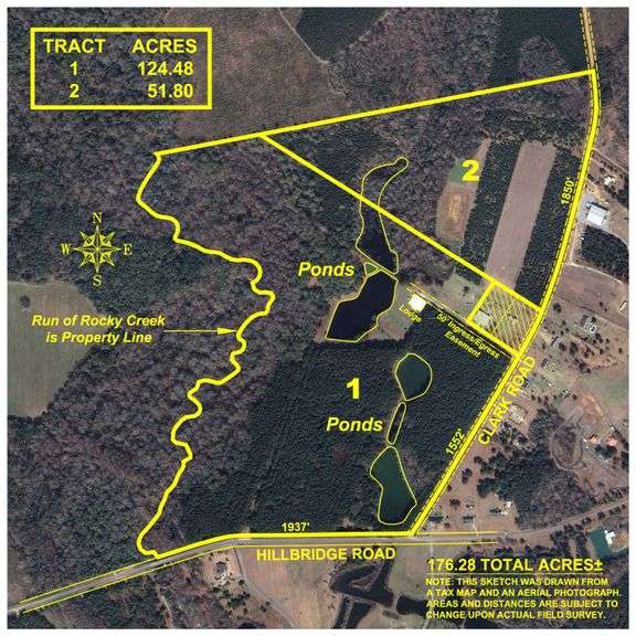 176+/- Acres - Kenneth Cox Estate - 6,546+/- SF Custom Lodge w/ Stocked Ponds & Food Plots - Mature Timber & Rocky Creek Frontage
